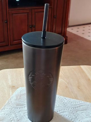 Starbucks Siren Charcoal Gray Stainless Steel Cold Cup Tumbler With Straw 16 Oz