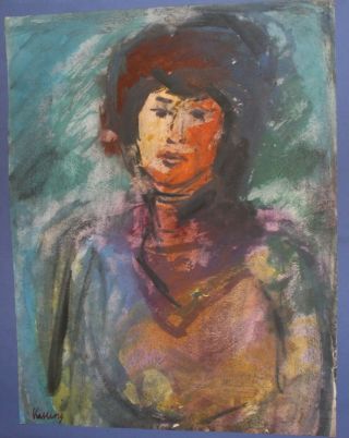 Polish art,  Vintage Expressionist watercolor painting,  Portrait,  signed Kisling 2