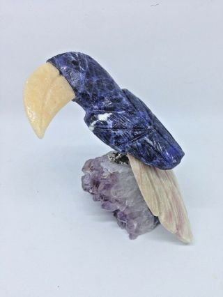 Carved Stone Toucan Figurine On Amethyst Crystal Base