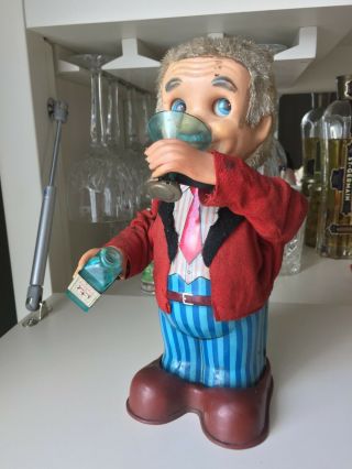 Mechanical Drinking Buddy Man W Scotch Whisky Bottle & Glass Bar Vtg Toy