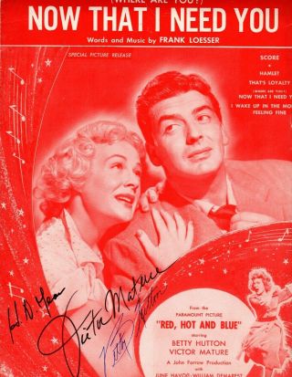 Victor Mature,  Betty Hutton,  Dual Signed Sheet Music Score,  Red Hot And Blue