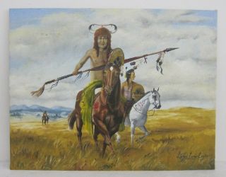 Lewis Crow Eagle Native Americans On Horseback Signed 1970s Oil Painting 14x18