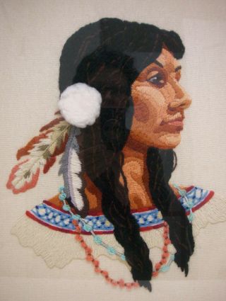 Vtg Complete Embroidery Pocahontas Woman Portrait Handmade Framed Painting