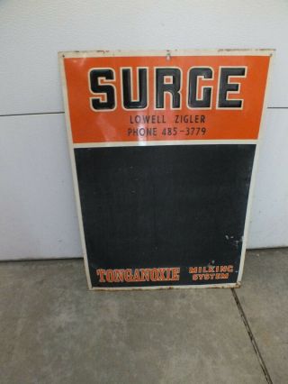 Antique Surge Tin Sign With Blackboard,  19 Inches X 27 1/2 Inches