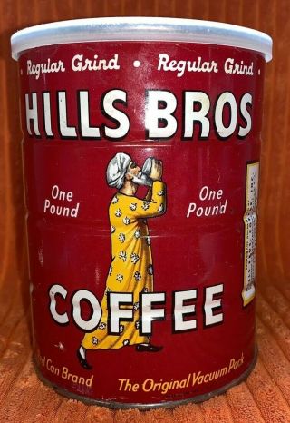 Vtg Hills Bros Brothers Coffee Can Half Pound 1 Pound Tin Lid Plastic Metal
