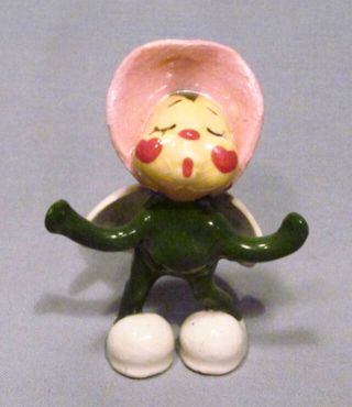 Hand - Painted Signed Pottery Mini Ladybug In Pink Bonnet Heart Wings & Slippers