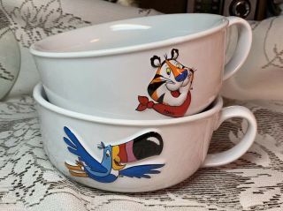 Kelloggs Tony The Tiger & Toucan Sam Cereal Bowls With Handle 3d Graphics 1999