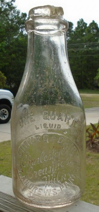 Charleston ' s Creamiest Milk St.  Andrews Parish Coburg Dairy Quart Milk Bottle 4