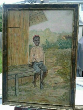 Antique Oil Painting Black Boy Ball Player Americana By A.  Kilstrom 1923