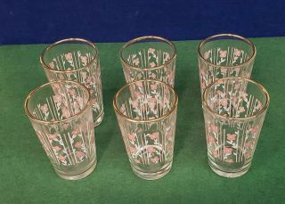 Vintage Shot Glasses,  Set Of Six.  Pink And White Flowers.  Glasses Have Gold Trim