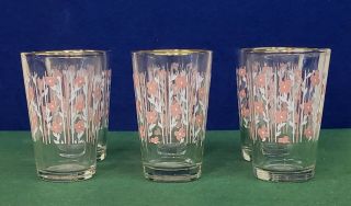 Vintage Shot Glasses,  set of six.  Pink and white flowers.  Glasses have gold trim 2