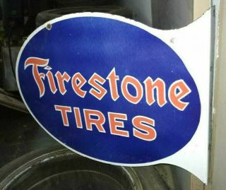 Firestone Tires Porcelain Enamel Sign 21.  5x16x2 Inches Flange Double Sided