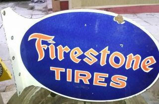 FIRESTONE TIRES PORCELAIN ENAMEL SIGN 21.  5X16X2 INCHES FLANGE DOUBLE SIDED 2