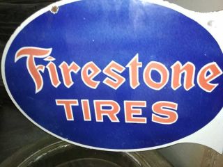 FIRESTONE TIRES PORCELAIN ENAMEL SIGN 21.  5X16X2 INCHES FLANGE DOUBLE SIDED 3
