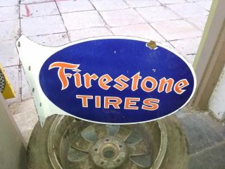 FIRESTONE TIRES PORCELAIN ENAMEL SIGN 21.  5X16X2 INCHES FLANGE DOUBLE SIDED 7