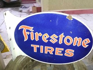 FIRESTONE TIRES PORCELAIN ENAMEL SIGN 21.  5X16X2 INCHES FLANGE DOUBLE SIDED 8