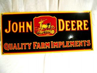 John Deere Quality Farm Implements Porcelain/Heavy Gauge Enameled Sign 18 x 8 2