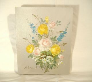 Vintage Tole Roses Oil Painting Yellow Pink Signed Edward