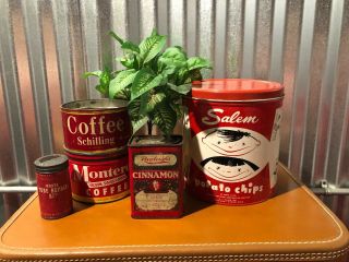 Vintage Antique Tin Red Potato Chip Rawliegh’s Spice Schilling Coffee Cinna