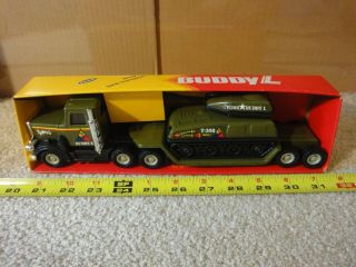 Vintage 1981 Buddy L,  Peterbilt Semi Truck,  Low Boy,  Army Tank Transport.  Nos