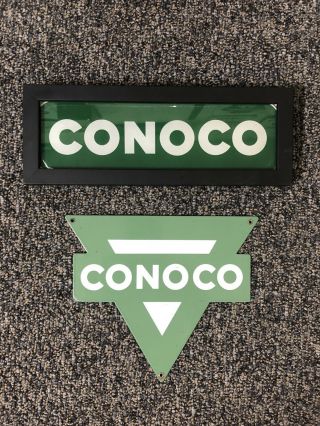 Vinatage Conoco Porcelain Gas Pump Plate With Framed Ad Glass
