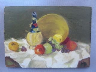 Vtg 1950s - 1960s Signed Miniature Still Life Oil Painting On Board Wine & Fruit