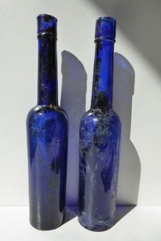 2 Old Antique Victorian Cobalt Blue Glass Bottles Medicine Pharmacy