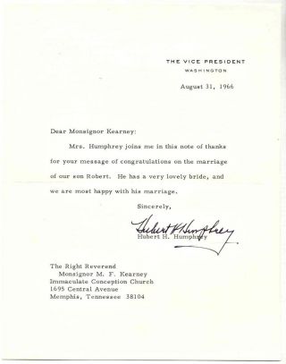 Autograph On Letter: Hubert H Humphrey,  Vice - President Us,  Aug 31,  1966