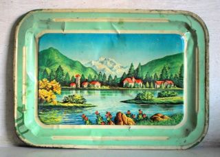 Vintage Old Indian Collectible Natural Scene Print Litho Tin Serving Tray
