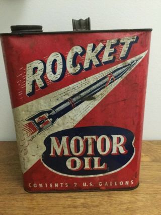 Vintage Rocket Motor Oil Metal Can 2 Gallon