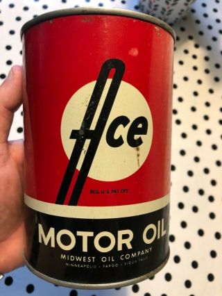 Vintage Full Ace Motor Oil Can 1 Quart,  Steel,  Midwest Oil Co.