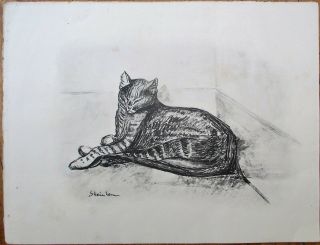 Théophile Steinlen/artist - Signed 1920s Cat Print - Reclining Cat - 13.  5 " X 10 "