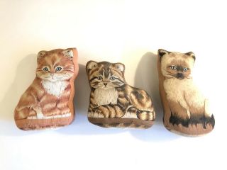 Set Of 3 Kitten Cat Cut & Sew Vintage Sewn Fabric Panel Stuffed Pillows Kitsch