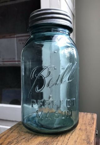 Vintage Ball Perfect Mason Fruit Jar Zinc Glass Lid Aqua Blue No.  13