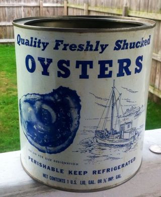 Old Oyster Tin Cobalt Blue " Oyster " Graphic,  Ship 1 Gal.  Reed Seafood Va.
