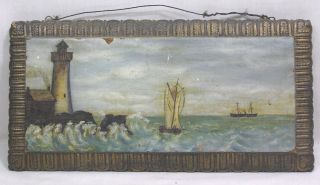Vtg Primitive Seascape Painting On Wood 7 " X 14 " Early 1900s