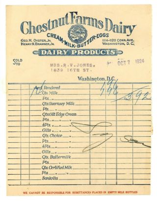 Rare Chestnut Farms Dairy Invoice Conn.  Ave.  Nw Washington,  Dc 1924
