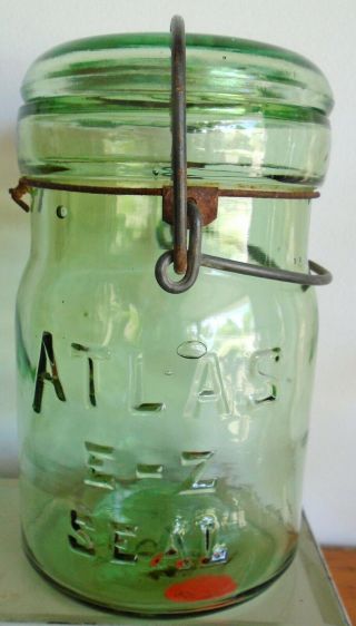 Vintage Atlas E - Z Seal Olive Green Pint Dropped " A " Smooth Lip Bail Wire Closure