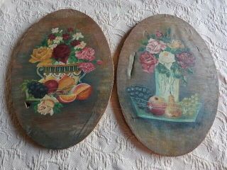 Old Antique Pink Roses Oil Paintings Set Of 2 Oval Still Life Artist Signed