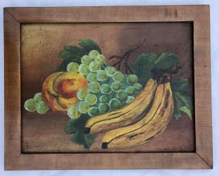 Primitive Folk Art Late 19th Century Oil Painting On Board Fruit Still Life