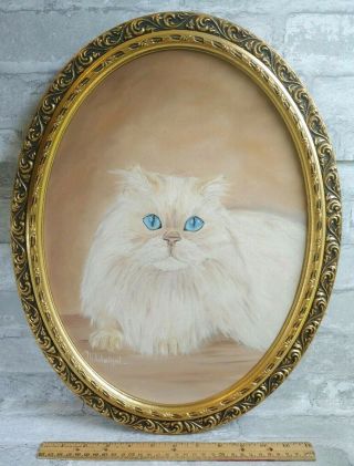 Vtg Persian Longhair Kitty Cat Mid Century Canvas Oil Painting,  Signed M Weigel