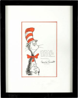 Dr.  Seuss Personal Cat In The Hat Stationery Letter Signed By Secretary Framed