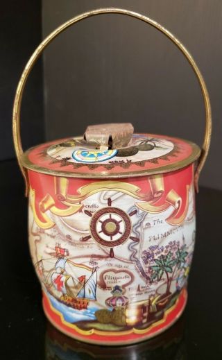 Vintage Baret Ware " Plimouth " Biscuit Barrel Round Cookie Tin Can England