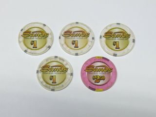 5 Sands Atlantic City Casino Chips (4) $1 Chips & (1) $2.  50 Chip