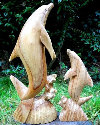 Wooden Carved Figure Dolphin Large 50 Cm Small 30 Cm Natural Colour Handmade