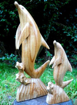 Wooden Carved Figure Dolphin Large 50 cm Small 30 cm Natural Colour Handmade 2
