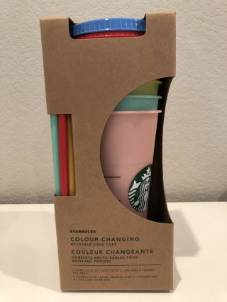 Starbucks Color Changing Reusable Cold Cups,  5 Cups (24 Oz) & 5 Lids & 5 Straws