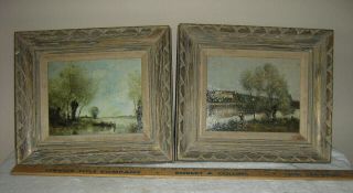 2 Vintage Mid Century Wood Framed Small Landscape Oil Paintings Americana