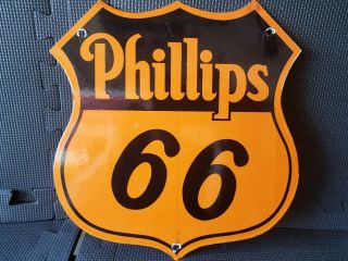 Vintage " Phillips 66 Gasoline " Shield 12 " Porcelain Metal Gas Oil Die Cut Sign