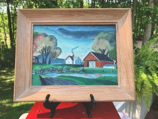 1952 Vtg Signed Mary Roth Primitive Folk Art Painting Americana Red Barn Farm